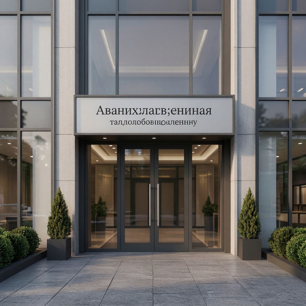 Вход в здание с вывеской организации, дневной свет